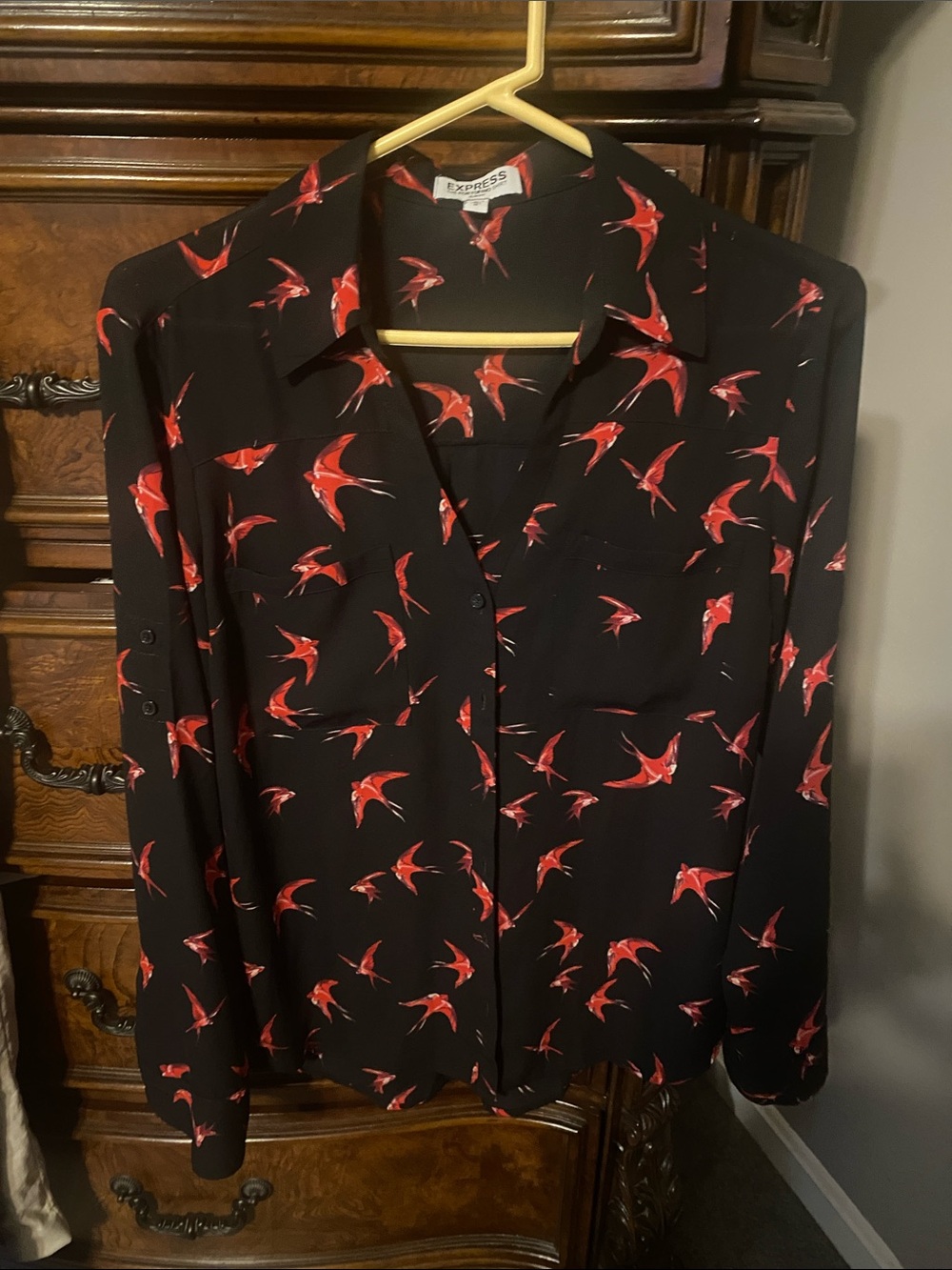 Express red bird print portofino blouse